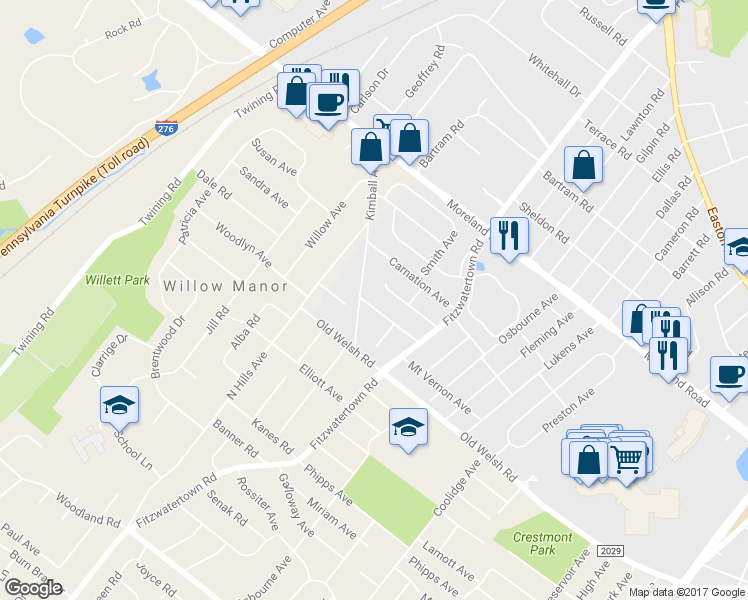 map of restaurants, bars, coffee shops, grocery stores, and more near 2957 Windsor Avenue in Willow Grove