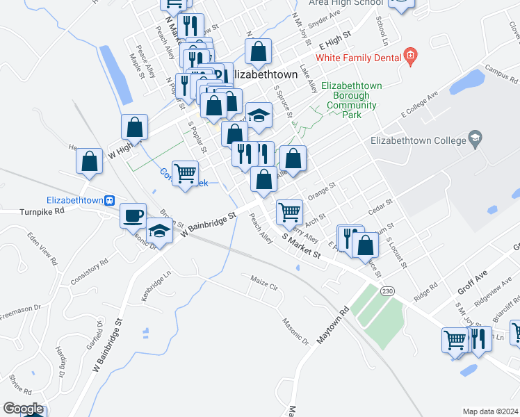 map of restaurants, bars, coffee shops, grocery stores, and more near 414 South Market Street in Elizabethtown