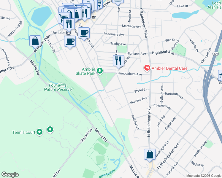 map of restaurants, bars, coffee shops, grocery stores, and more near 411 South Main Street in Ambler