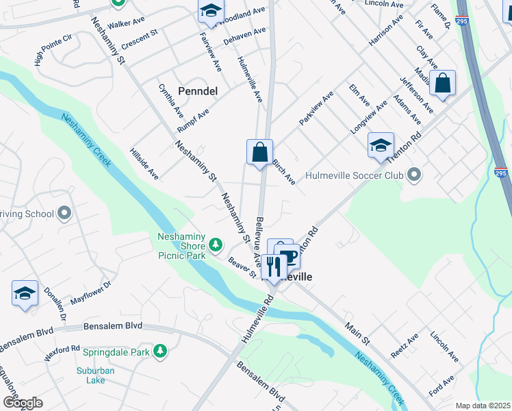 map of restaurants, bars, coffee shops, grocery stores, and more near 910 Bellevue Avenue in Hulmeville