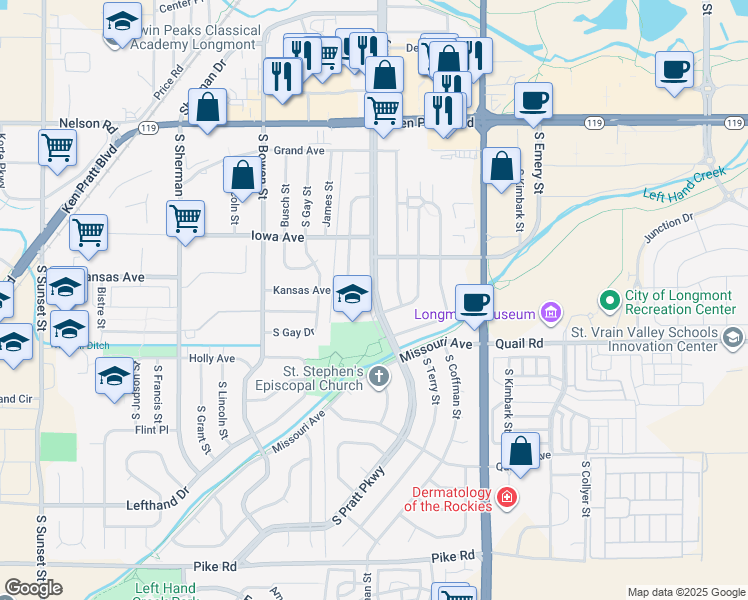 map of restaurants, bars, coffee shops, grocery stores, and more near 1051 South Pratt Parkway in Longmont