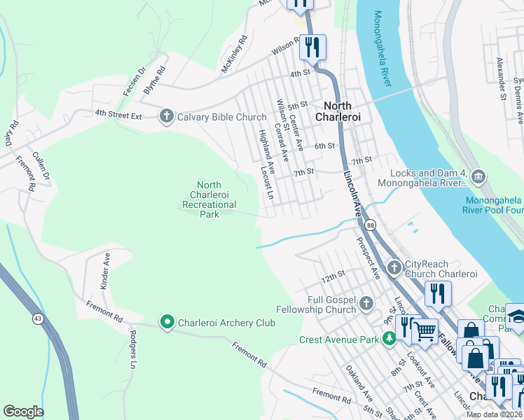 map of restaurants, bars, coffee shops, grocery stores, and more near 1010 Ryan Avenue in North Charleroi