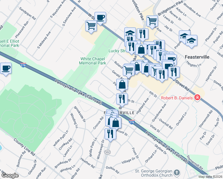 map of restaurants, bars, coffee shops, grocery stores, and more near 110 Forge Lane in Feasterville-Trevose