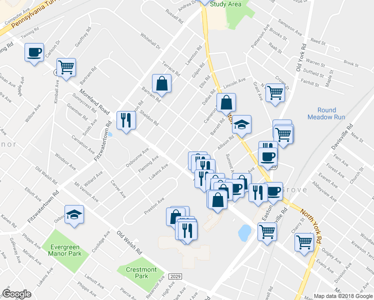 map of restaurants, bars, coffee shops, grocery stores, and more near 25 Cameron Road in Willow Grove