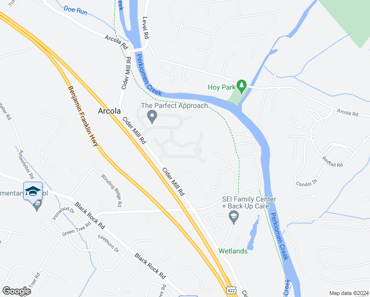 map of restaurants, bars, coffee shops, grocery stores, and more near 95 Hunt Club Drive in Collegeville