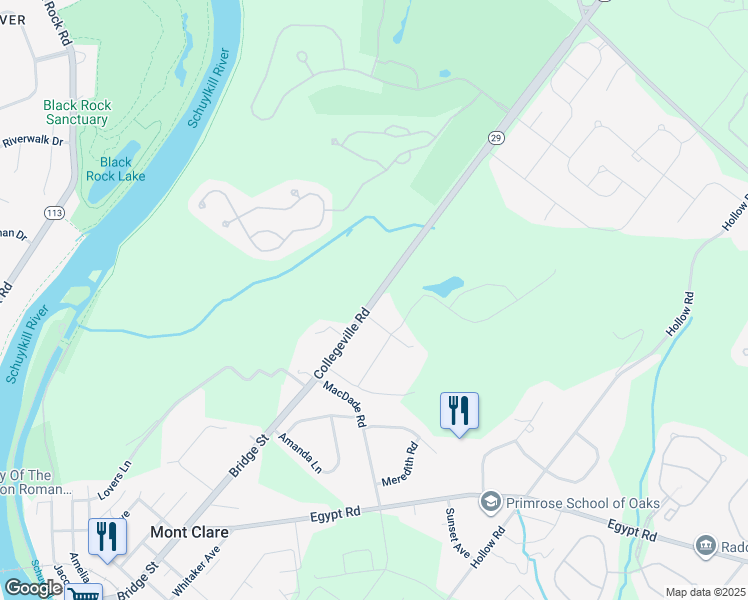 map of restaurants, bars, coffee shops, grocery stores, and more near Pennsylvania 29 in Phoenixville