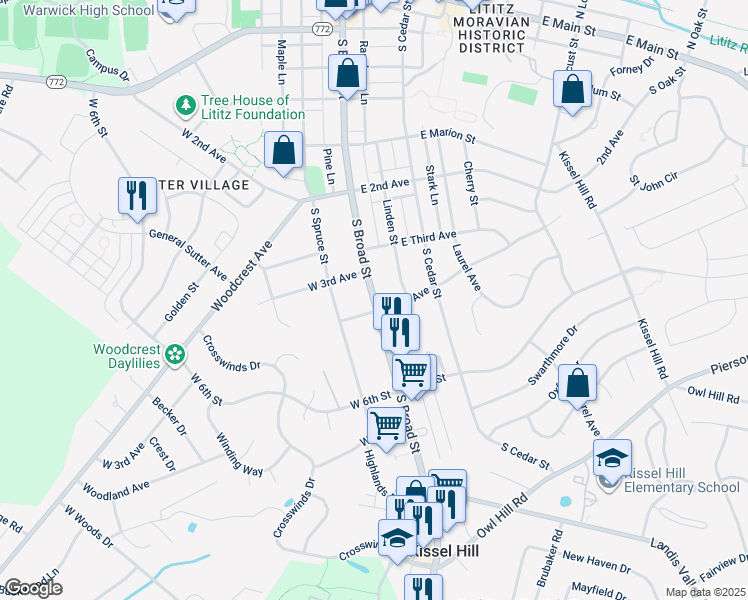 map of restaurants, bars, coffee shops, grocery stores, and more near 34 West 4th Avenue in Lititz