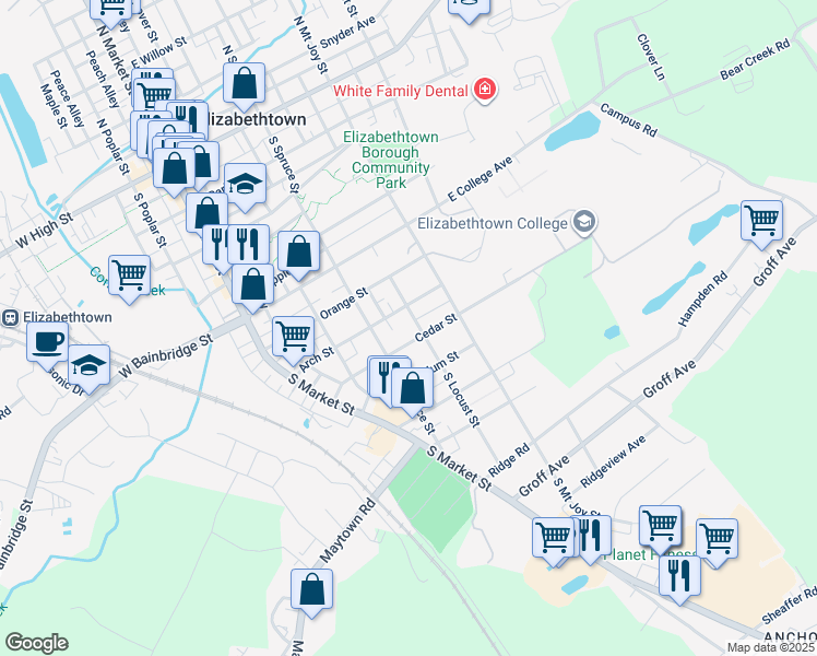 map of restaurants, bars, coffee shops, grocery stores, and more near 626 South Locust Street in Elizabethtown