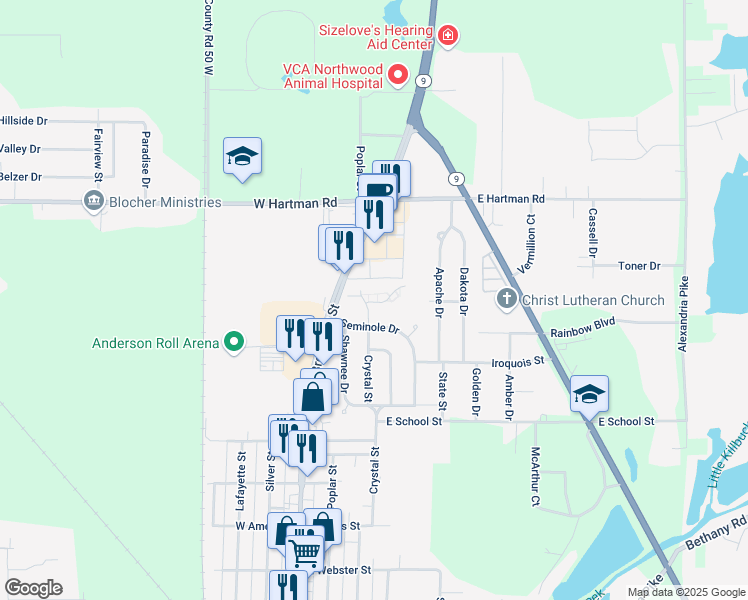map of restaurants, bars, coffee shops, grocery stores, and more near 208 Seminole Drive in Anderson