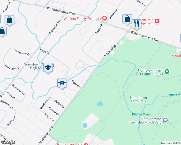 map of restaurants, bars, coffee shops, grocery stores, and more near 221 Stonybrook Drive in Norristown