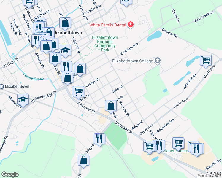 map of restaurants, bars, coffee shops, grocery stores, and more near 626 South Locust Street in Elizabethtown
