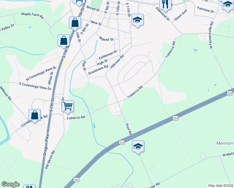 map of restaurants, bars, coffee shops, grocery stores, and more near 312 Pool Road in Ephrata