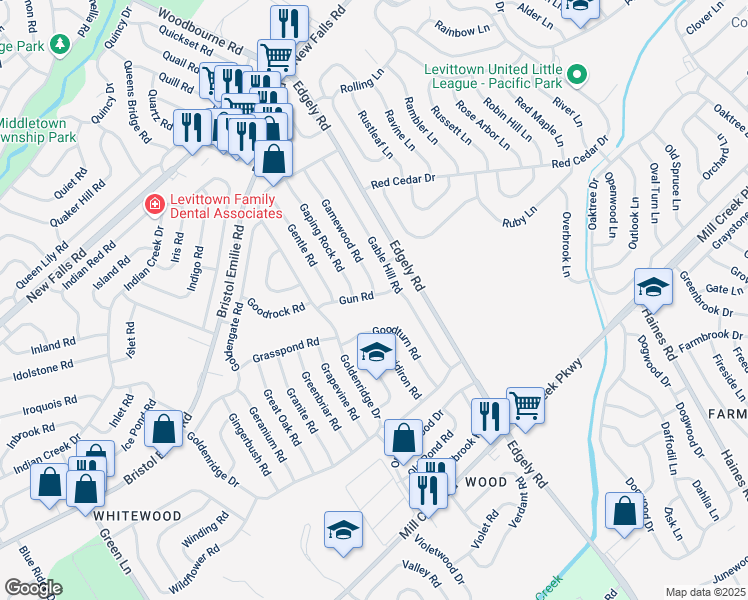 map of restaurants, bars, coffee shops, grocery stores, and more near 34 Gun Road in Levittown