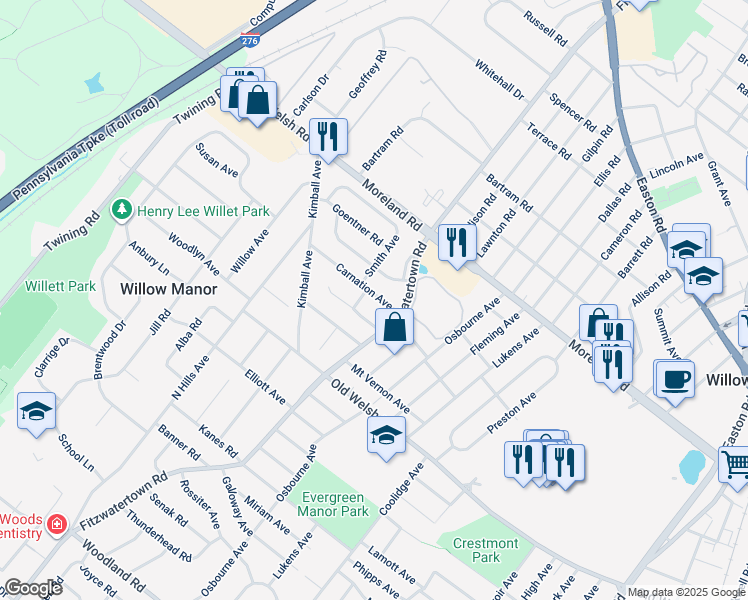 map of restaurants, bars, coffee shops, grocery stores, and more near 2920 Carnation Avenue in Willow Grove