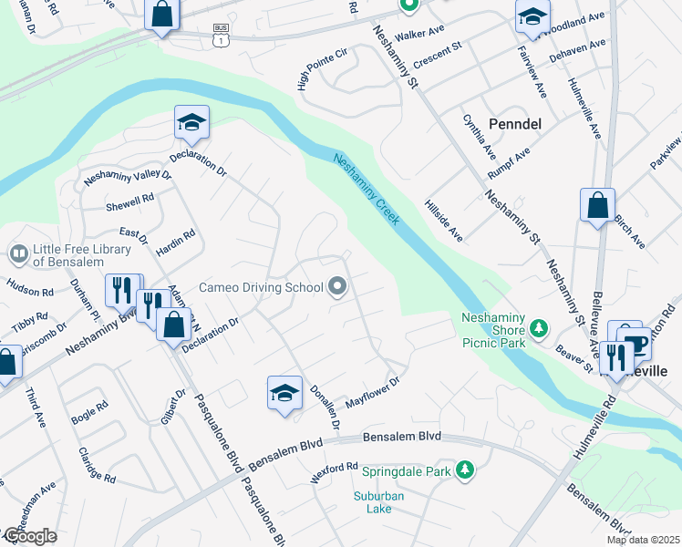 map of restaurants, bars, coffee shops, grocery stores, and more near 6405 Todd Court in Bucks County