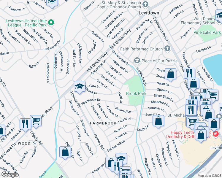 map of restaurants, bars, coffee shops, grocery stores, and more near 12 Grove Lane in Levittown