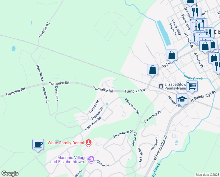 map of restaurants, bars, coffee shops, grocery stores, and more near 104 Sawmill Run in Elizabethtown