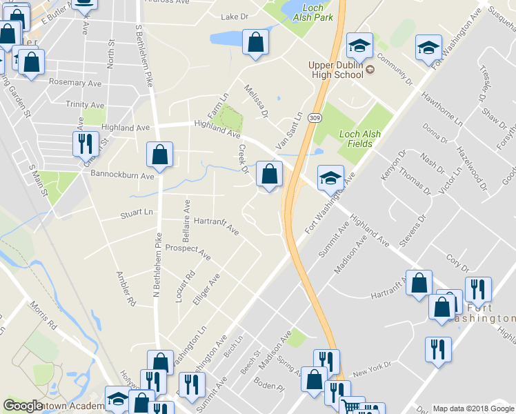 map of restaurants, bars, coffee shops, grocery stores, and more near 1106 Black Haw Lane in Ambler