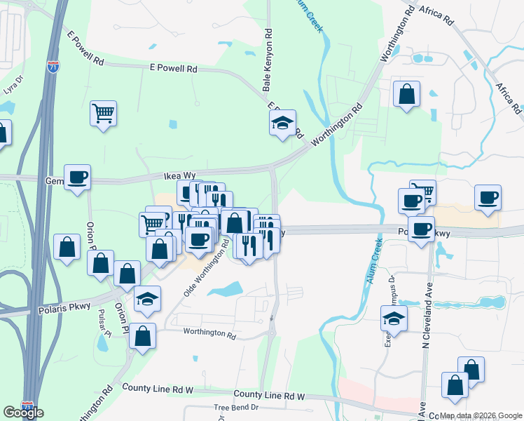 map of restaurants, bars, coffee shops, grocery stores, and more near 740 Olde Worthington Road in Westerville