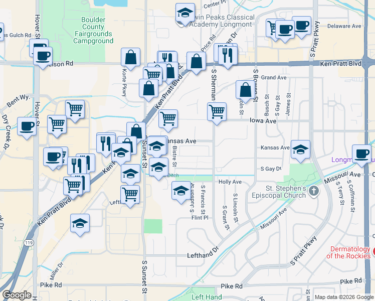 map of restaurants, bars, coffee shops, grocery stores, and more near 1556 Sepia Avenue in Longmont
