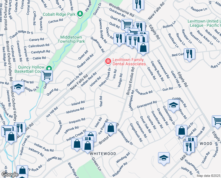 map of restaurants, bars, coffee shops, grocery stores, and more near 18 Indigo Road in Levittown