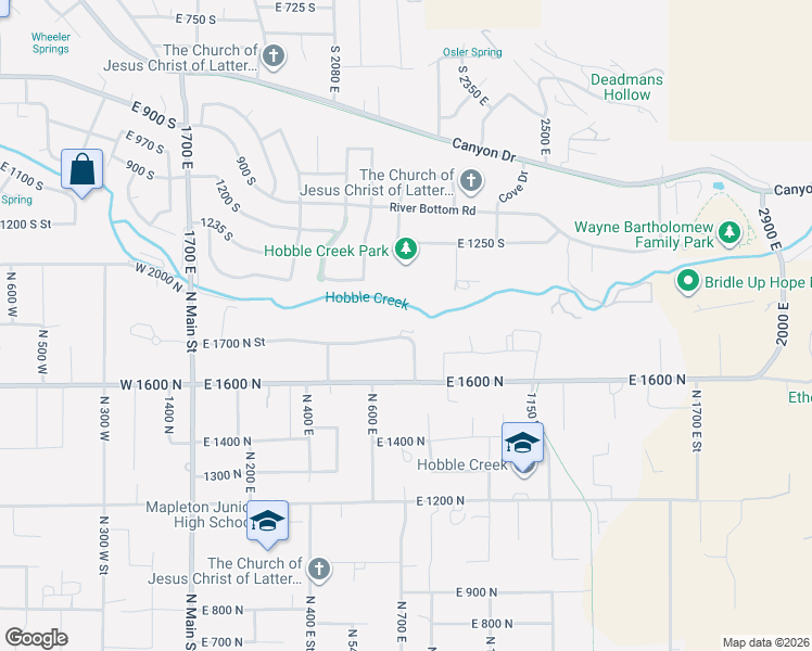 map of restaurants, bars, coffee shops, grocery stores, and more near 695 East 1700 North Street in Mapleton