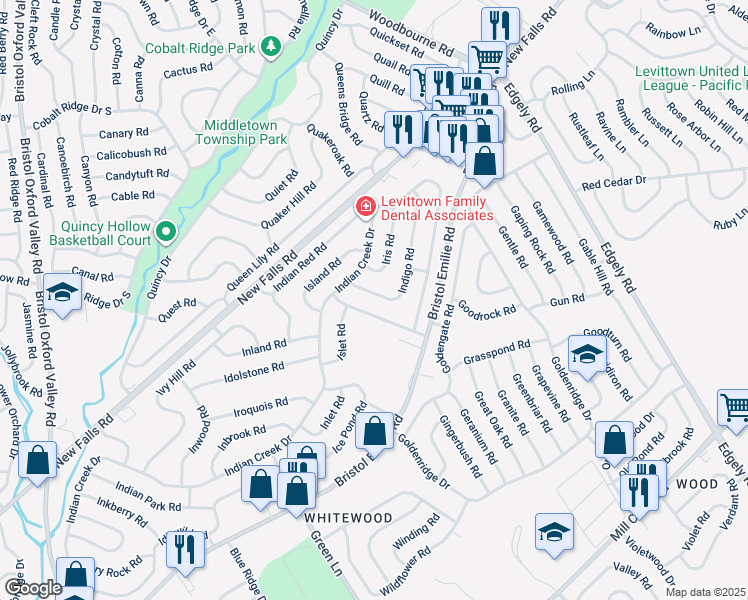 map of restaurants, bars, coffee shops, grocery stores, and more near 18 Indigo Road in Levittown