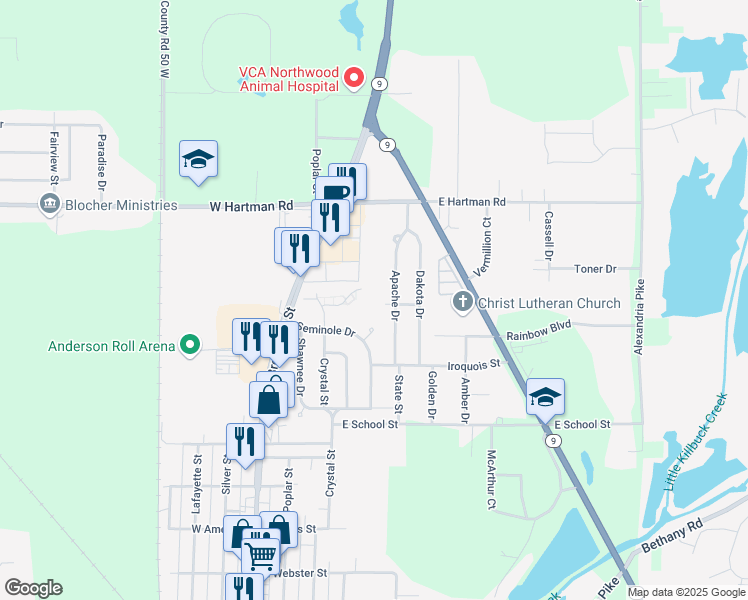 map of restaurants, bars, coffee shops, grocery stores, and more near 2728 Seminole Court in Anderson