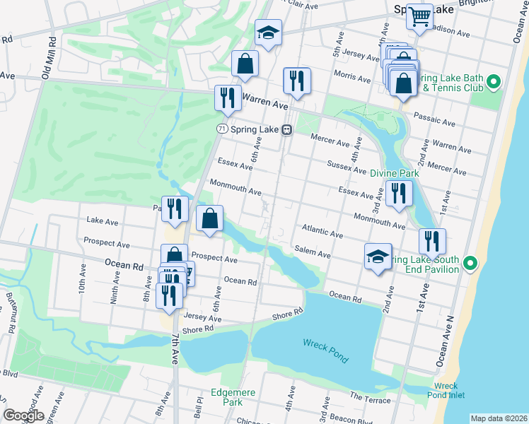 map of restaurants, bars, coffee shops, grocery stores, and more near 555 Monmouth Avenue in Spring Lake