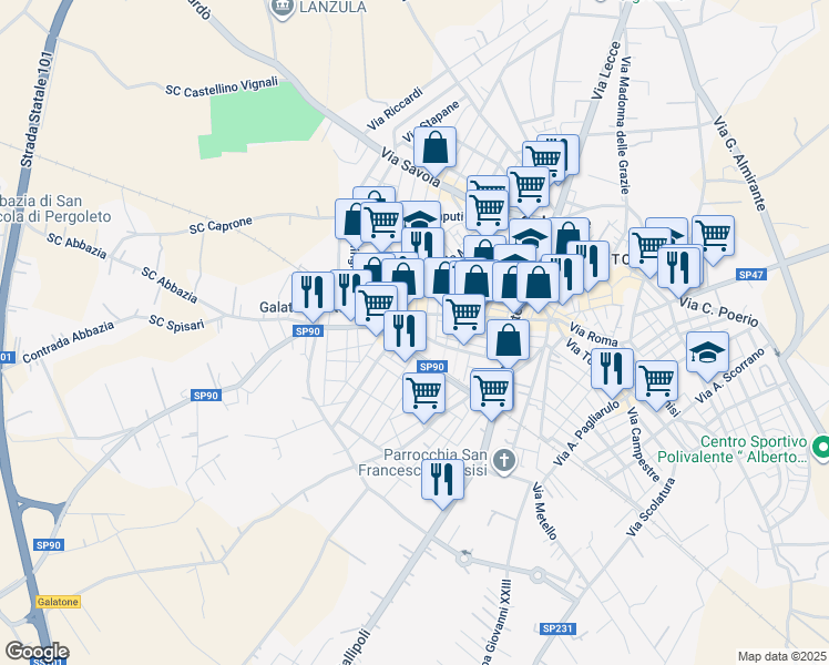 map of restaurants, bars, coffee shops, grocery stores, and more near 32 Via L. Spagna in Galatone