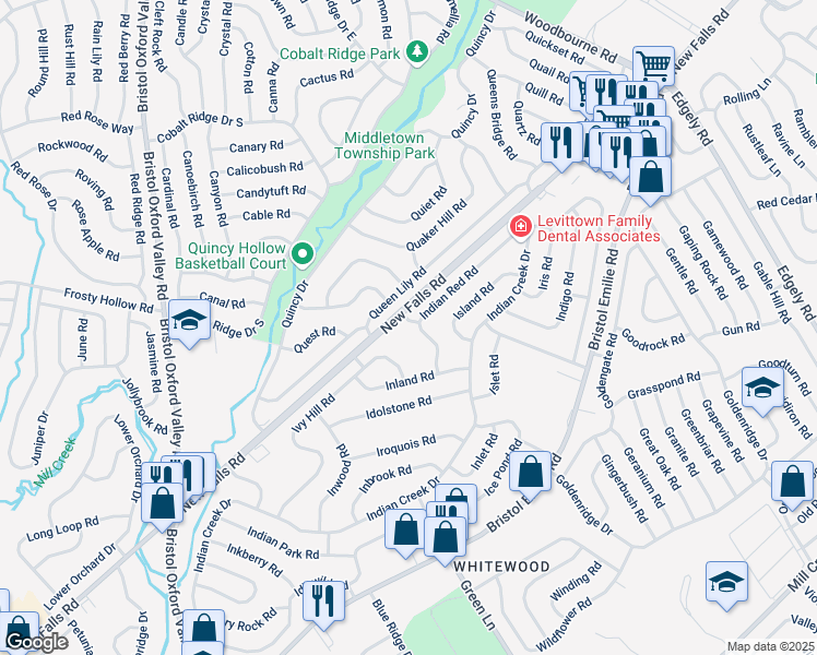 map of restaurants, bars, coffee shops, grocery stores, and more near 3 Indian Creek Way in Levittown