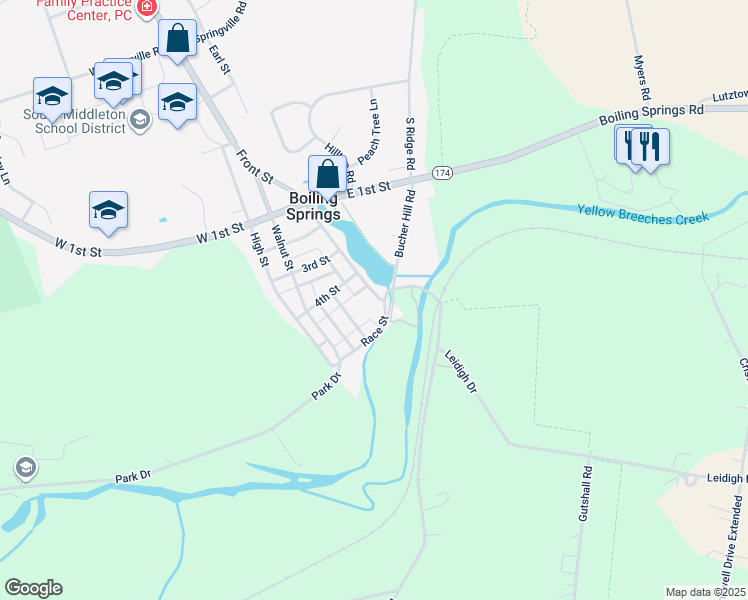 map of restaurants, bars, coffee shops, grocery stores, and more near 413 Front Street in Boiling Springs