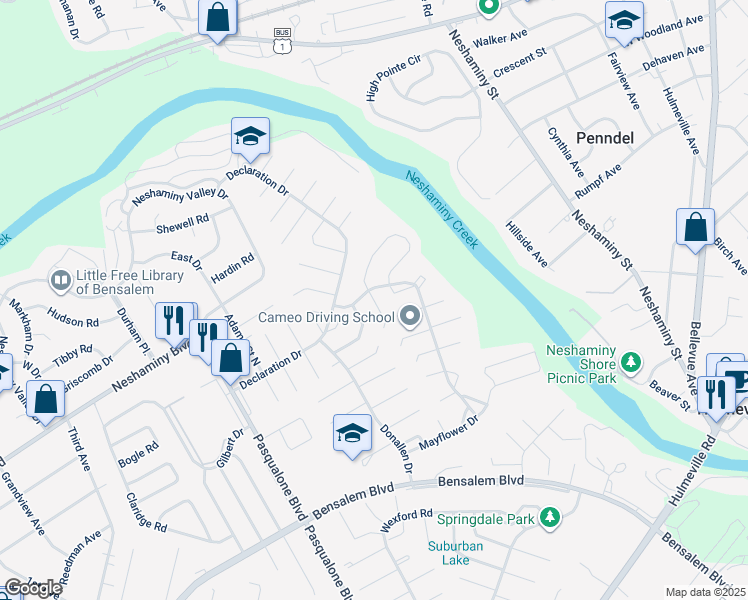 map of restaurants, bars, coffee shops, grocery stores, and more near 3125 Benjamin Rush Court in Bensalem