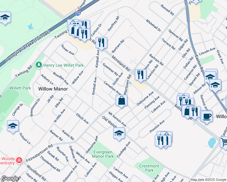 map of restaurants, bars, coffee shops, grocery stores, and more near 2926 Carnation Avenue in Willow Grove