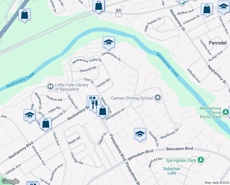 map of restaurants, bars, coffee shops, grocery stores, and more near 6511 Neshaminy Valley Drive in Bensalem