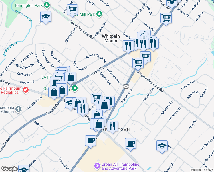 map of restaurants, bars, coffee shops, grocery stores, and more near 10 Adams Avenue in Norristown