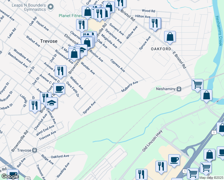 map of restaurants, bars, coffee shops, grocery stores, and more near 4634 Wunder Avenue in Feasterville-Trevose