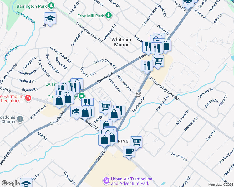 map of restaurants, bars, coffee shops, grocery stores, and more near 10 Adams Avenue in Norristown