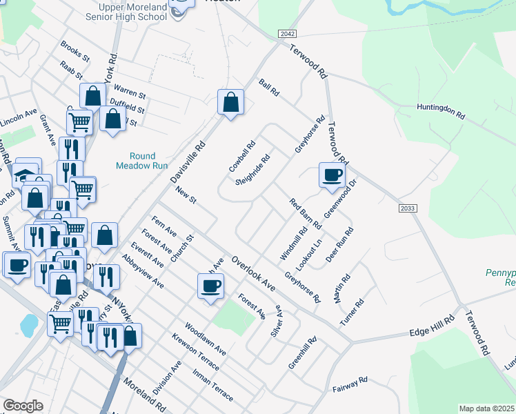 map of restaurants, bars, coffee shops, grocery stores, and more near 174 Greyhorse Road in Willow Grove