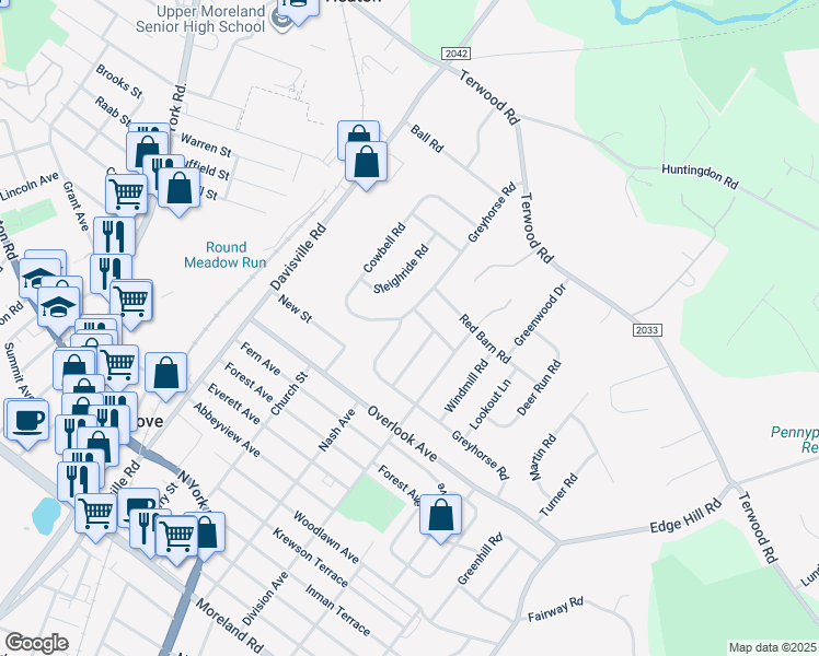map of restaurants, bars, coffee shops, grocery stores, and more near 174 Greyhorse Road in Willow Grove