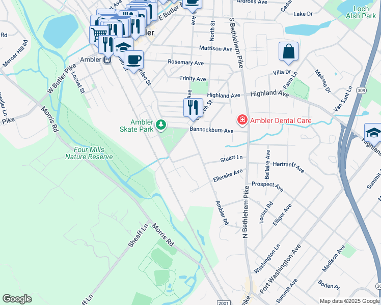 map of restaurants, bars, coffee shops, grocery stores, and more near 330 Randolph Avenue in Ambler