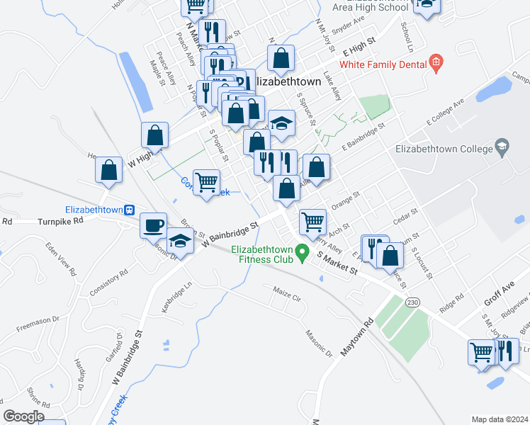 map of restaurants, bars, coffee shops, grocery stores, and more near 320 South Market Street in Elizabethtown