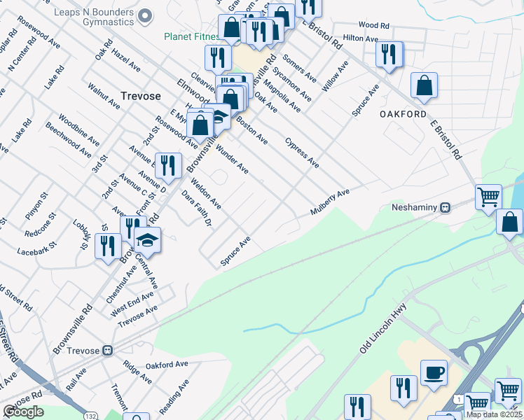 map of restaurants, bars, coffee shops, grocery stores, and more near 3863 Hollywood Avenue in Feasterville-Trevose