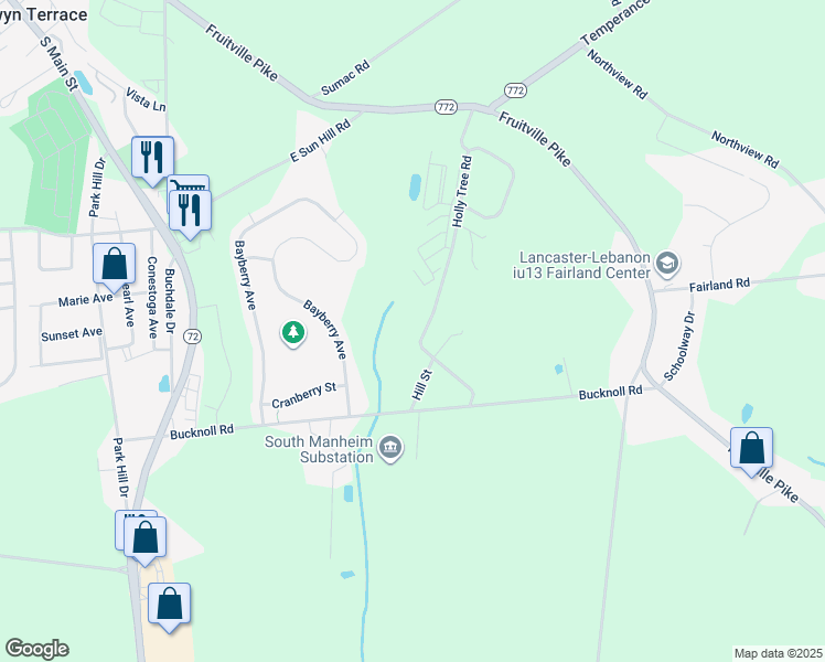 map of restaurants, bars, coffee shops, grocery stores, and more near 916 Holly Tree Road in Manheim