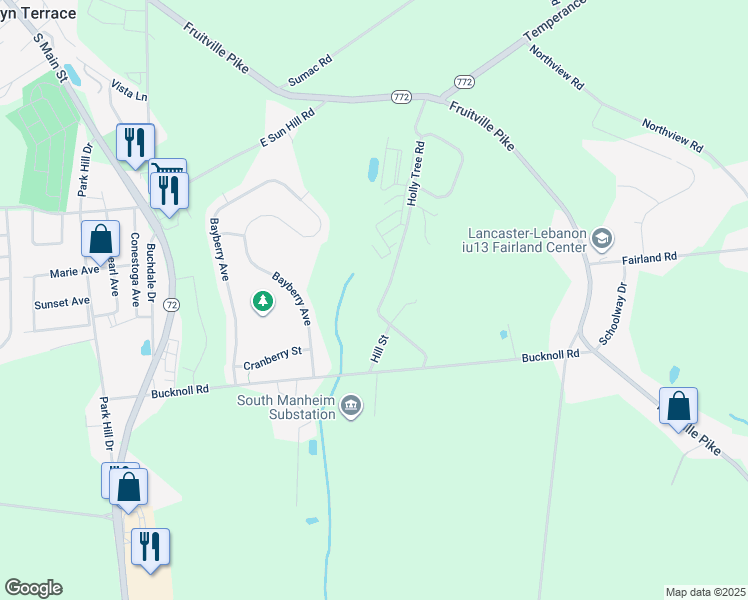 map of restaurants, bars, coffee shops, grocery stores, and more near 916 Holly Tree Road in Manheim