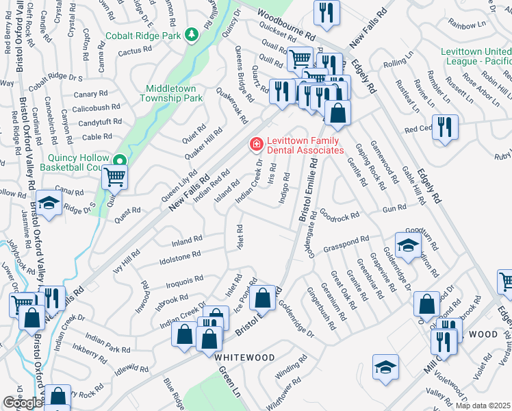 map of restaurants, bars, coffee shops, grocery stores, and more near 6 Iris Road in Levittown