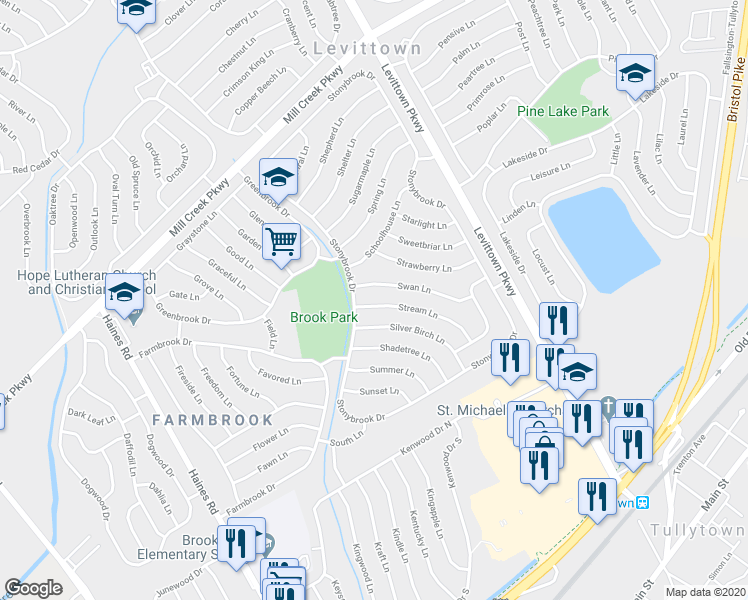 map of restaurants, bars, coffee shops, grocery stores, and more near 9 Stream Lane in Levittown