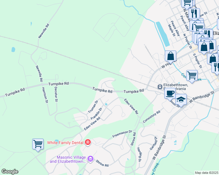 map of restaurants, bars, coffee shops, grocery stores, and more near 104 Sawmill Run in Elizabethtown
