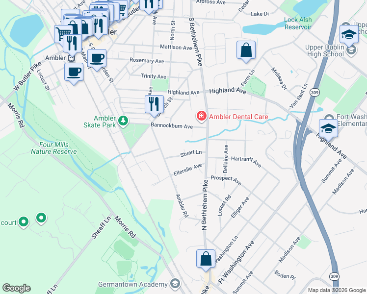 map of restaurants, bars, coffee shops, grocery stores, and more near 603 Trinity Place in Ambler