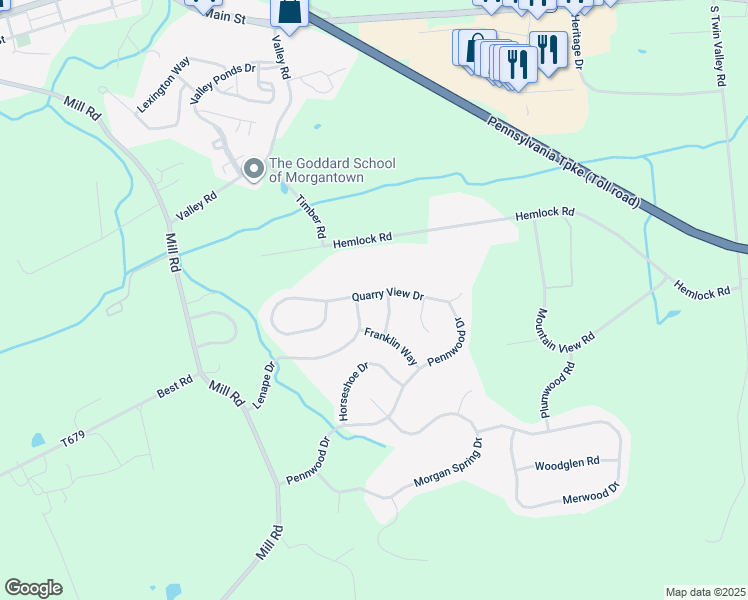 map of restaurants, bars, coffee shops, grocery stores, and more near 105 Quarry View Drive in Morgantown